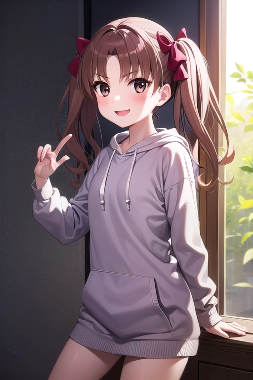  Highest Masterpieces，One young girl, Alone,   long hair, Chest,   show viewer  ,smile, Brown Hair,   hoodie, bow,   twin tails,   brown eyes,  knitted dress, hair bow, :1.3, indoor,   clitoris:1.3， clevis on a stone，Excited facial expression:1.4, Kuroko Shirai, blush， playful gesture，