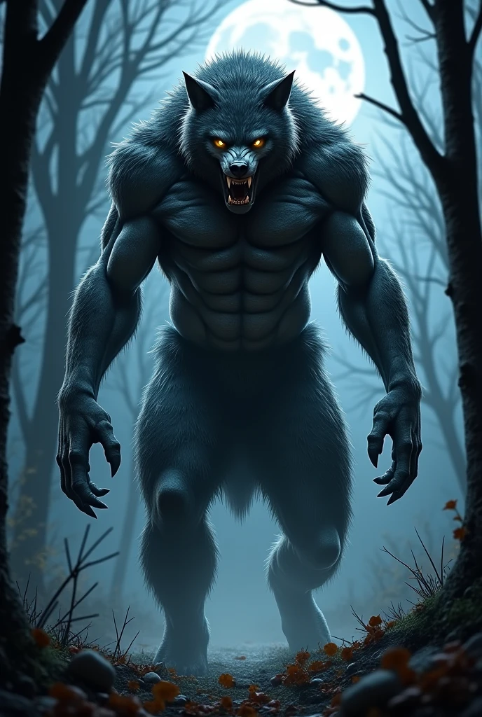Male werewolf, Upper body naked , Black body, White belly , White Face , Erect crotch , Gentle eyes , Bright light , Moonlit Night , whole body