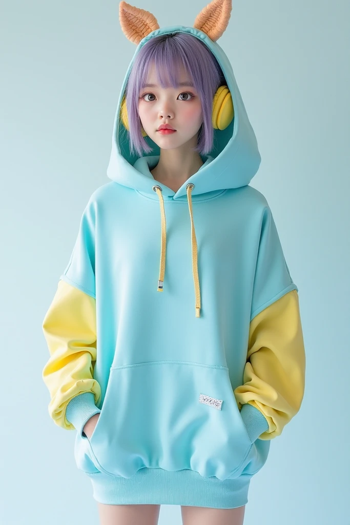 1girl, blonde hair, smirk, flat bangs, hair down, red eyes, angry flat stare, smile,long pink hoodie, yellow left sleeve, white right sleeve, beauty mark beside left eye, cyan hair pin, cute face, masterpiece, high res