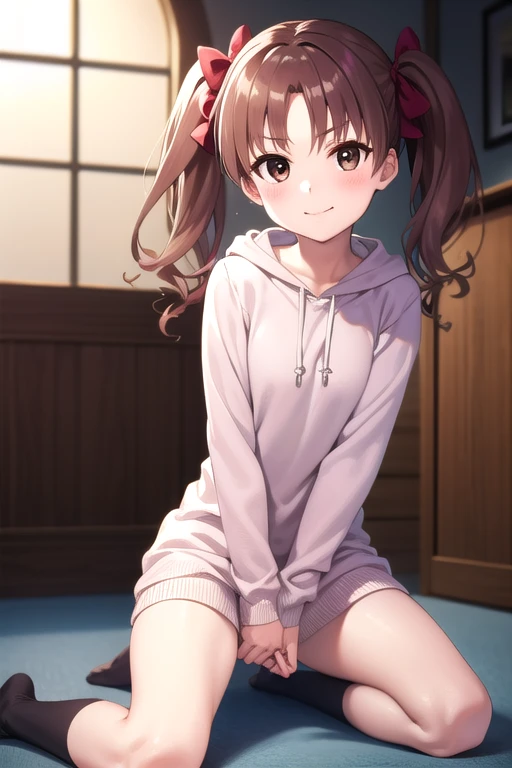  Highest Masterpieces，One young girl, Alone,   long hair, Chest,   show viewer  ,smile, Brown Hair,   hoodie, bow,   twin tails,   brown eyes,  knitted dress, hair bow,  knee socks:1.3, indoor,   clitoris:1.3， clevis on a stone，Excited facial expression:1.4, Kuroko Shirai, blush， playful gesture，