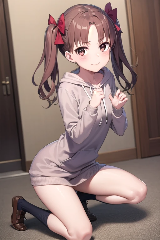  Highest Masterpieces，One young girl, Alone,   long hair, Chest,   show viewer  ,smile, Brown Hair,   hoodie, bow,   twin tails,   brown eyes,  knitted dress, hair bow,  knee socks:1.3, indoor,   clitoris:1.3， clevis on a stone，Excited facial expression:1.4, Kuroko Shirai, blush， playful gesture，