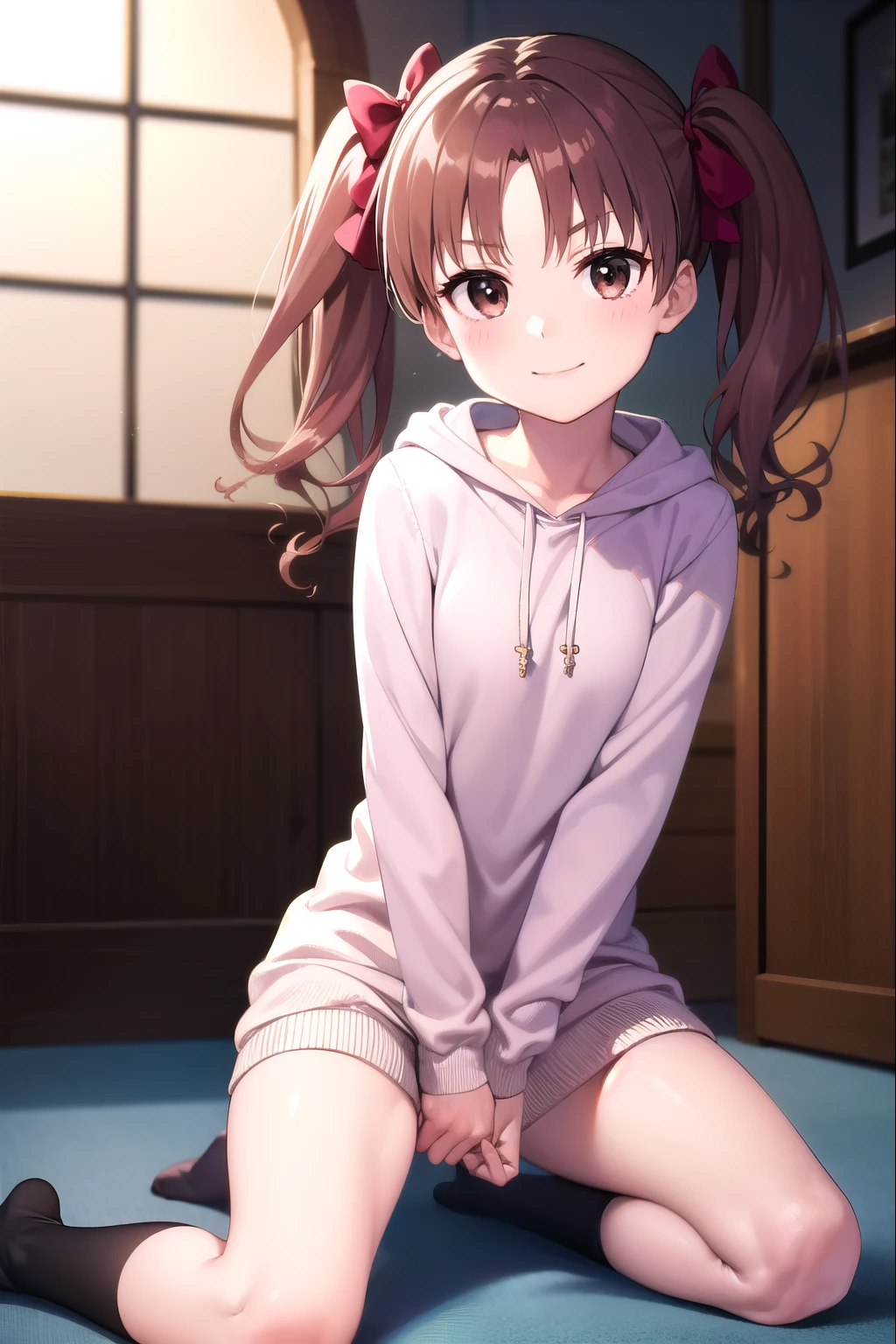  Highest Masterpieces，One young girl, Alone,   long hair, Chest,   show viewer  ,smile, Brown Hair,   hoodie, bow,   twin tails,   brown eyes,  knitted dress, hair bow,  knee socks:1.3, indoor,   clitoris:1.3， clevis on a stone，Excited facial expression:1.4, Kuroko Shirai, blush， playful gesture，