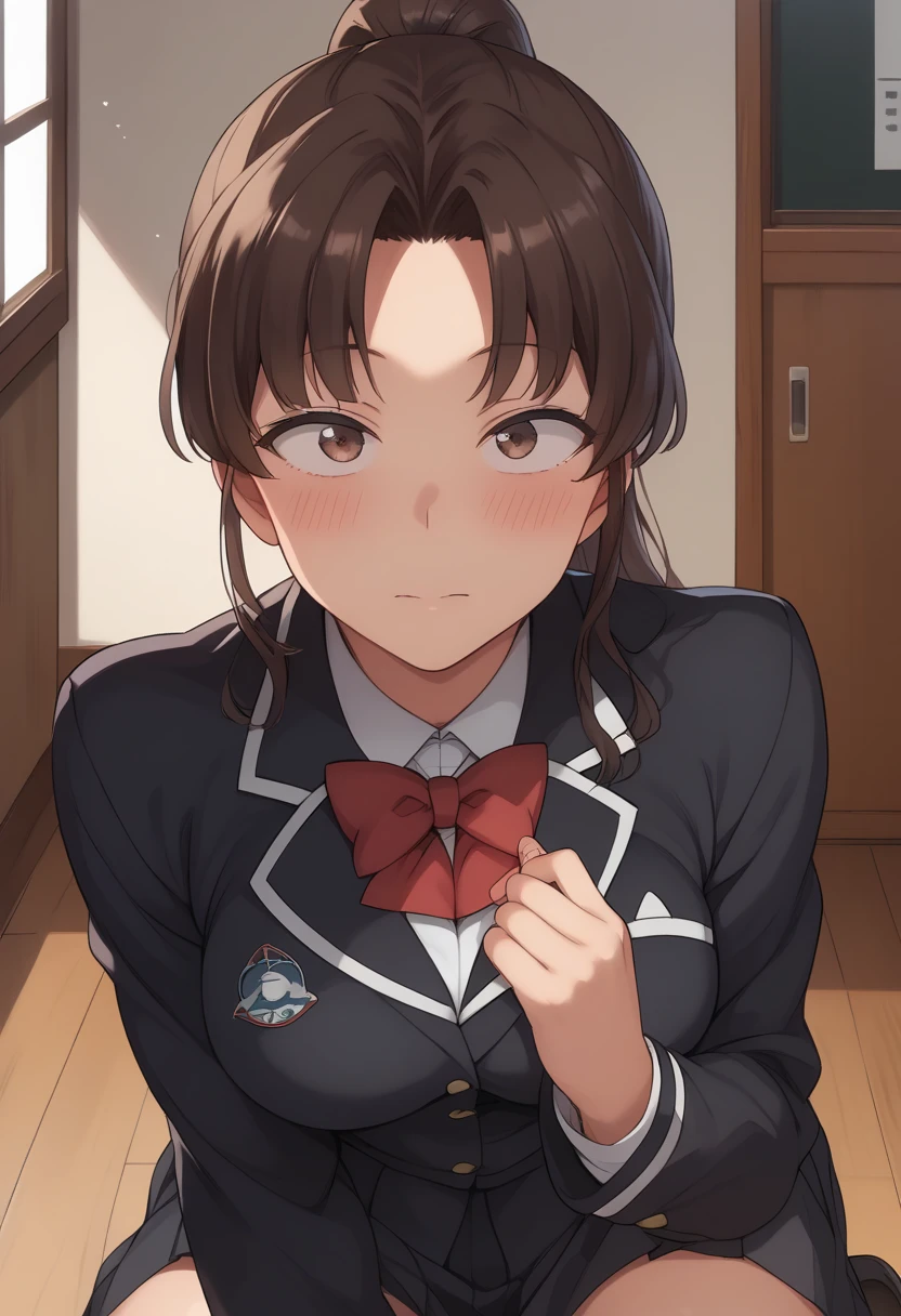 score_9, score_8_up, score_7_up, , looking at his penis, on kneel, solo, blush, suprised face, YuukoKawashima,1girl,black brown hair,ponytail,brown eyes,sanpaku, school_uniform,black blazer,red bowtie,
