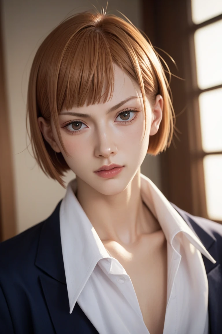 (expensive body, expensive, Long legs, mature female, mature, Adult:1.2), The eff_wait_nobara, One person, Kugisaki Nobara, alone, Brown Hair, Brown eyes, short hair, school uniform, school uniform、Long skirt、Portraiture, Mouth closed, bangs, View your viewers、Nobara Kugisaki