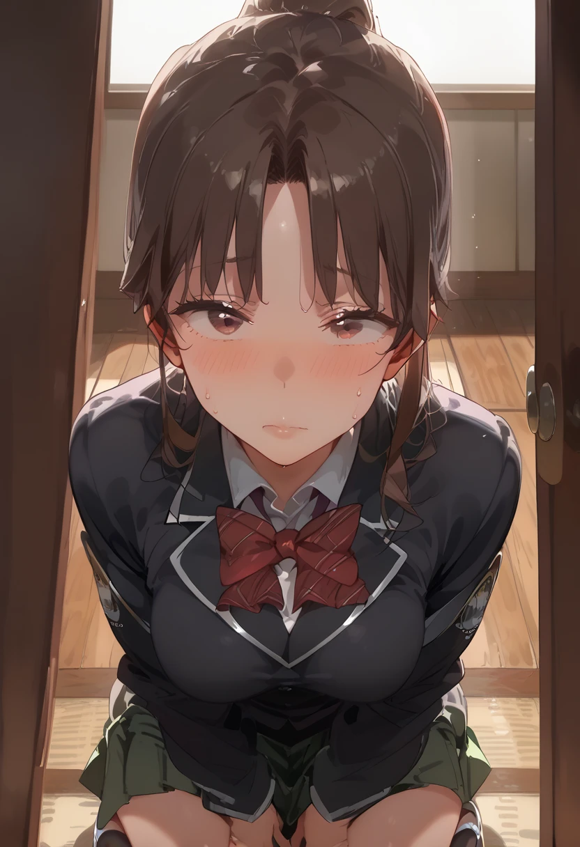 score_9, score_8_up, score_7_up, , looking at his penis, on kneel, solo, blush, suprised face, YuukoKawashima,1girl,black brown hair,ponytail,brown eyes,sanpaku, school_uniform,black blazer,red bowtie,
