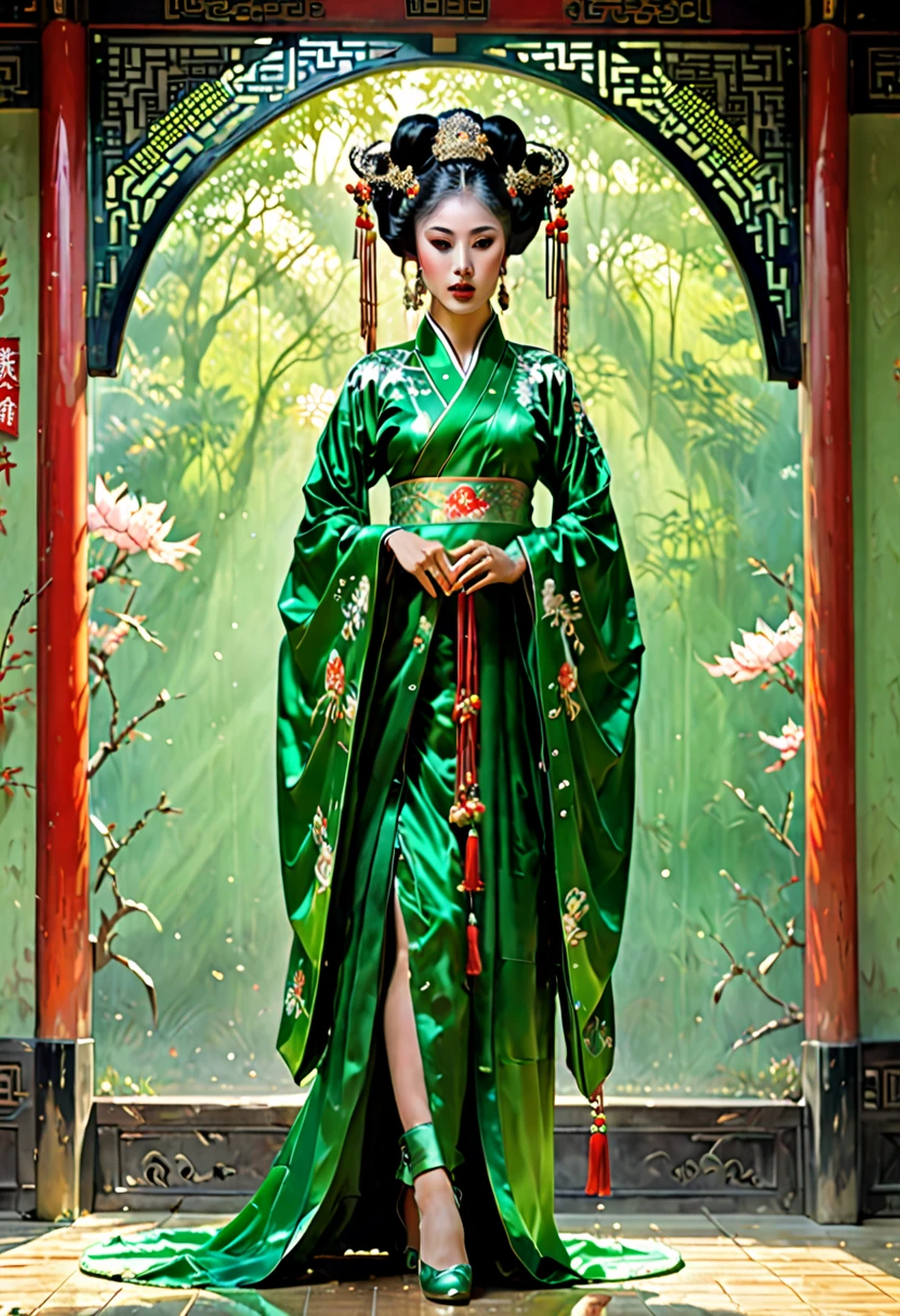 ((full body)), samdoesarts style award winning full body portrait of a beautiful woman, ((perfect feminine face)),((Ancient Chinese Green Clothes)), ((green peking Opera costumes)), (Long sleeves) Gazebo, Complex, (Beautiful Detail Eyes, elongated eyebrows),((Hairpins, twisted hair)),(Sadness), ((tears)), (Sunlight), shaded flat illustration, digital art, trending on artstation, highly detailed, fine detail, intricate, art by artgerm and rutkowski and alphonse mucha,