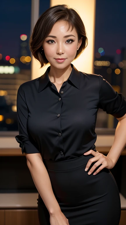 (f/2.8, 135mm, UHD, masterpiece, anatomically correct, textured skin, super detail, best quality, 8k、 sharp focus 、 one woman、Successful entrepreneurs 、50 years old)、( brightly colored , studio lighting )、 Confident Expression 、 night office で撮影、Night Town Seen Through the Window 、 wearing a business suit 、 pencil skirt、 Elegant Shorthair、(((Facing the camera :1.4)))、(( realistic facial wrinkles:1.4))、 anatomically correct hands、 accurate hands、Detailed depiction of fingers、((( night office :1.2)))