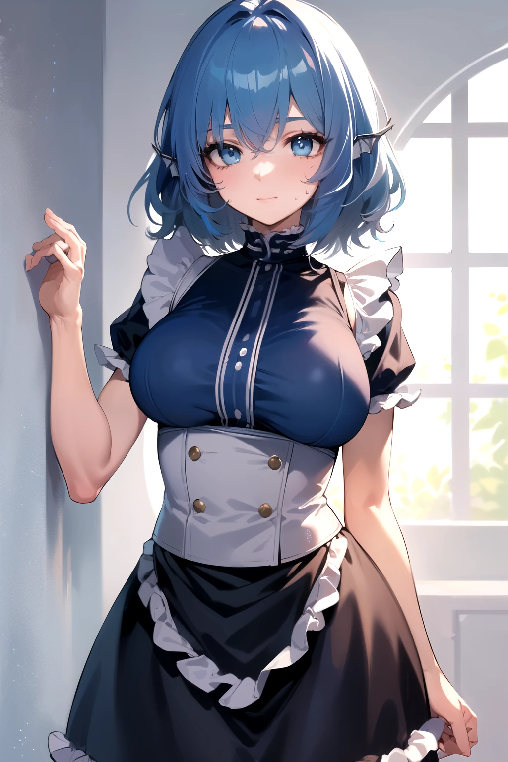 masutepiece, Best Quality, High resolution, solo, 1girl, Full body, Description Girls, detail hands, Detail fingers, Detail Face, cute face, detail legs, overdetailed art, Fine details, Huge breasts, Huge ass, steam, Sweat, ponytail, wavy hair, blue hair, solo, milf, evil grin, apron, skimpy, blowjob gesture