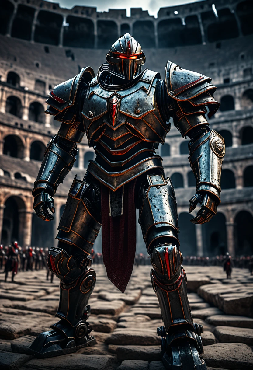 a massive robot gladiator, highly detailed metal exoskeleton, glowing red eyes, sharp claws and blades, standing in an ancient colosseum, epic battle scene, moody dramatic lighting, cinematic angle, dark and gritty atmosphere, muted color palette, (best quality,4k,8k,highres,masterpiece:1.2),ultra-detailed,(realistic,photorealistic,photo-realistic:1.37),industrial, science fiction, dystopian