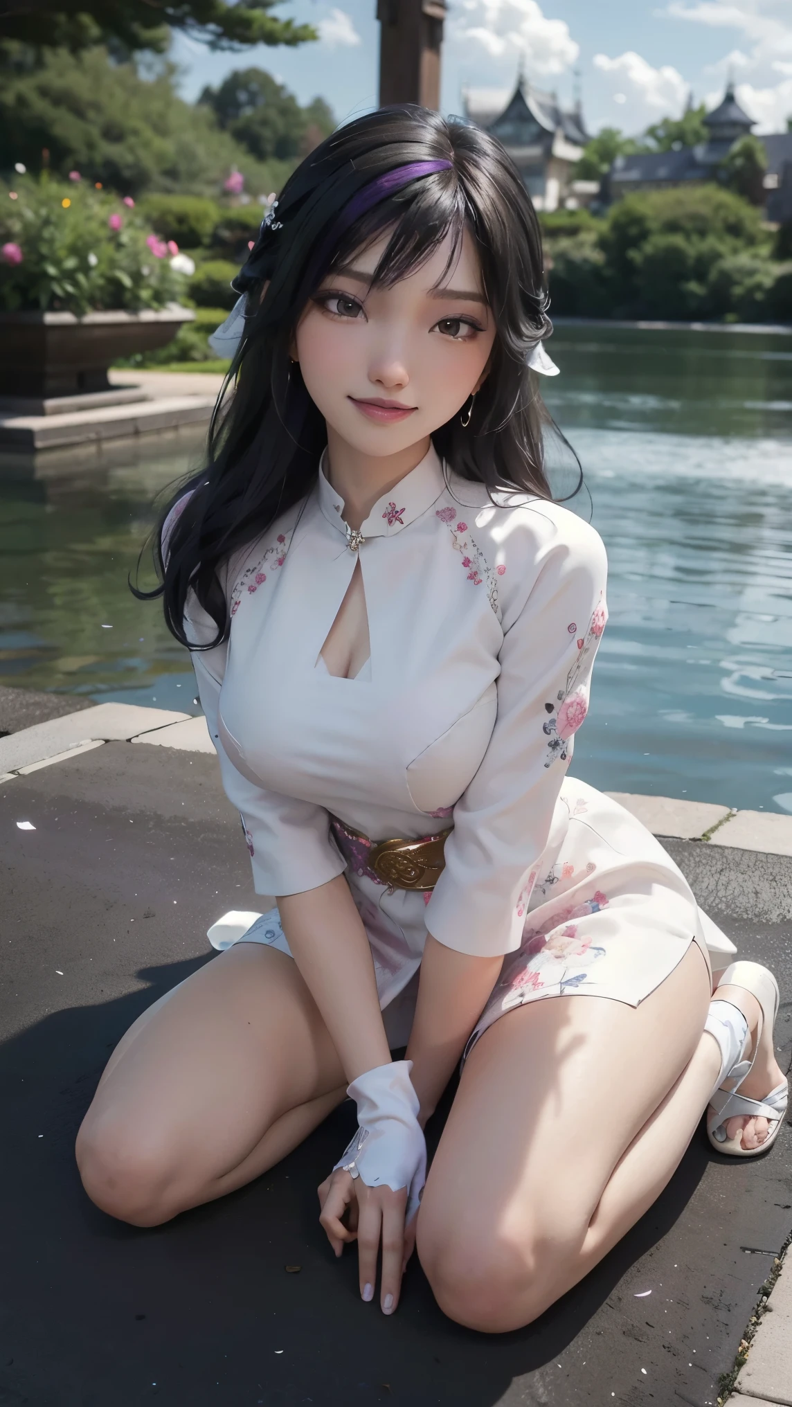 Gogo tomago,(best qualityer,4K,8k,high resolution,work of art:1.2)(weather: cloudy), Japanese castle background, japanese wedding venue, long pink bridal kimono dress, elbow long bride gloves, bridal kimono belt, high tabi socks, bridal geta shoes, crystal embroidery, pearl necklace, blossom hair jewelry, silver earrings, cheek mole, long wavy hair, black hair with purple highlight, ultra detailed, realistic, portrait,beautiful detailed brown eyes, glowing eyes,blush,beautiful detailed lips,extremely detailed eye and face, long eyelashes,sexy,average, medium breasts,beaming smile, flirty smile, powerful girl, joyful pose, stunning curves, bright coloured, dramatic lighting, petals flying, hair flying,