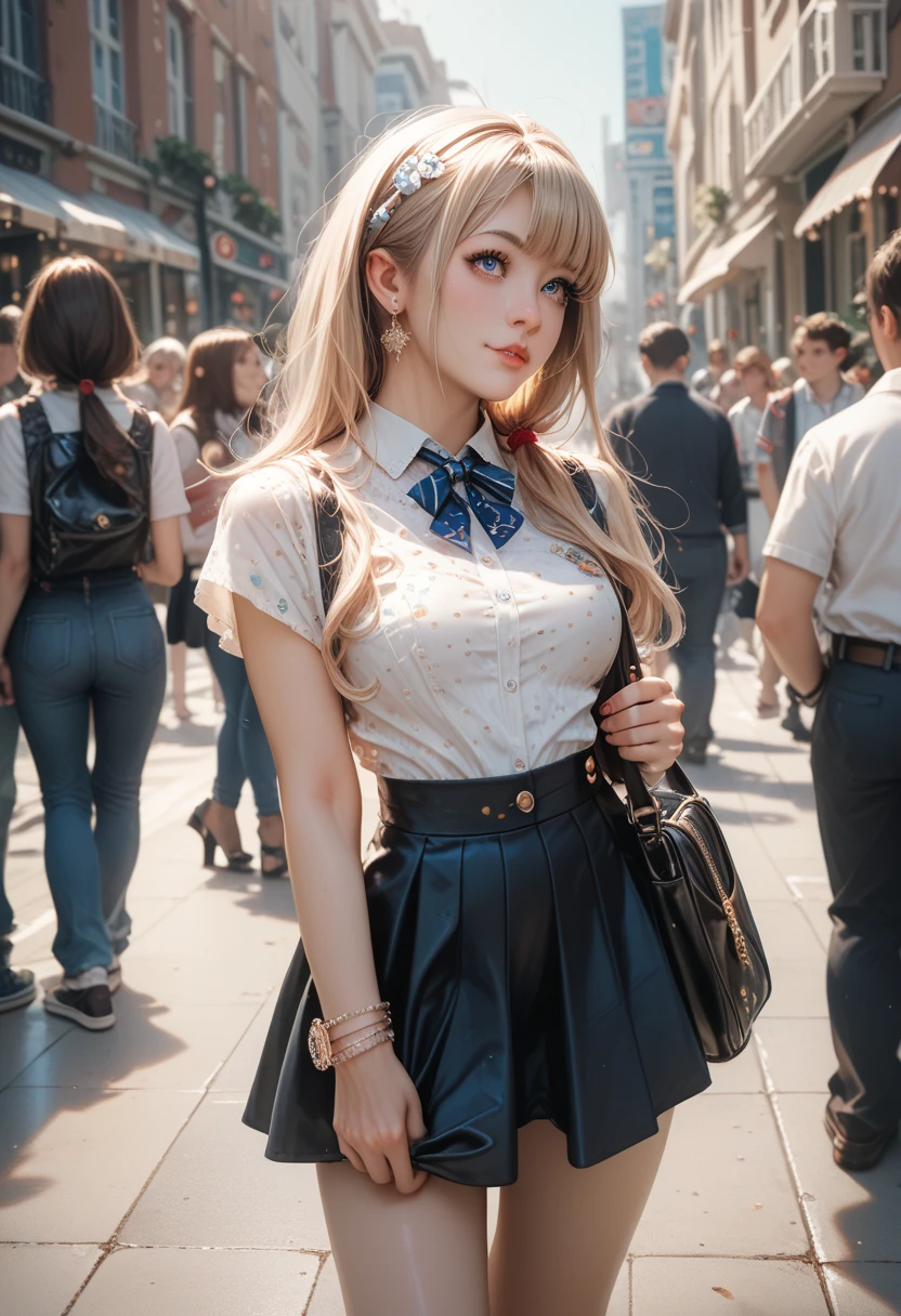 (8K, RAW Photos, Highest quality, masterpiece:1.2), (Realistic, photo-Realistic:1.4), (extremely detailed 8K wallpaper), ((Full Body Shot)), (((1 girl))), Sharp focus, Depth of written boundary, Cinematic lighting, Soft Light, (緻密な美しさのeye, eye_Chan, Very beautiful 17 year old girl, innocent big eyes, Realistic, photo Realistic, Highly detailed cute girl, (Thin thighs), (Model Body Type), (Blonde), (Long Bob Hair), (Asymmetrical bangs), ((A happy smile)), Glowing Skin, Ultra-dense skin ,High resolution, High Detail, Detailed hairstyle, Detailed facial beauty, hyper Realistic, Perfect limbs, Perfect Anatomy, Perfect female body, (school uniform:1.3),(Mini Skirt Blue Checkered Micro Mini Skirt), Watching the audience, (Crowded city street:1.3)