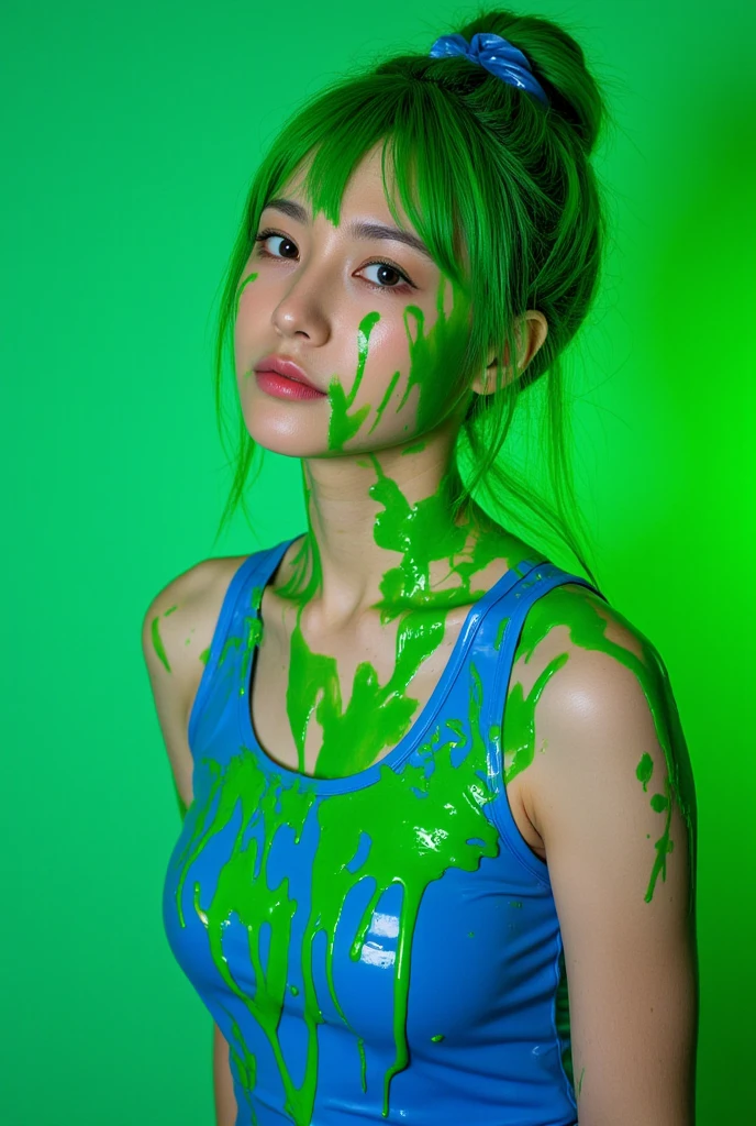8k, hd, masterpiece, CG unity, ultra detailed, hyper realistic, extreme realism, 21-year-old Japanese model, 1 woman, tan skin, thick eyeliner, long eyelashes, red lipstick, pigtails, skimpy dress, cleavage, city street, (slime dripping down head: 1.2), (slime dripping everywhere: 1.2), portrait photograph