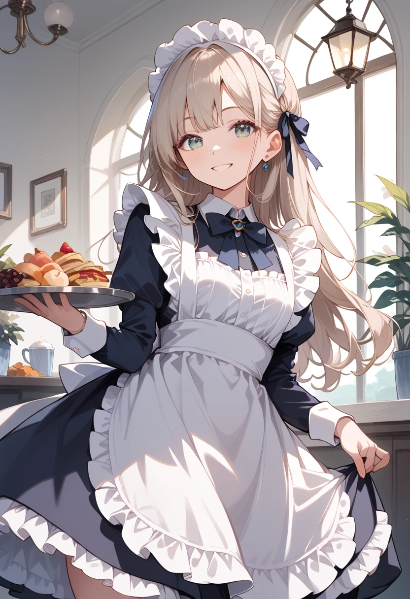 ((masterpiece, best quality, ultra detailed, high resolution, detailed facial description)), (1 girl), (maid, maid headdress, maid apron, mini skirt), (black long hair), (light makeup), (Holding a tray with food and drinks in both hands), (light smile, light blush), (inside a maid cafe)