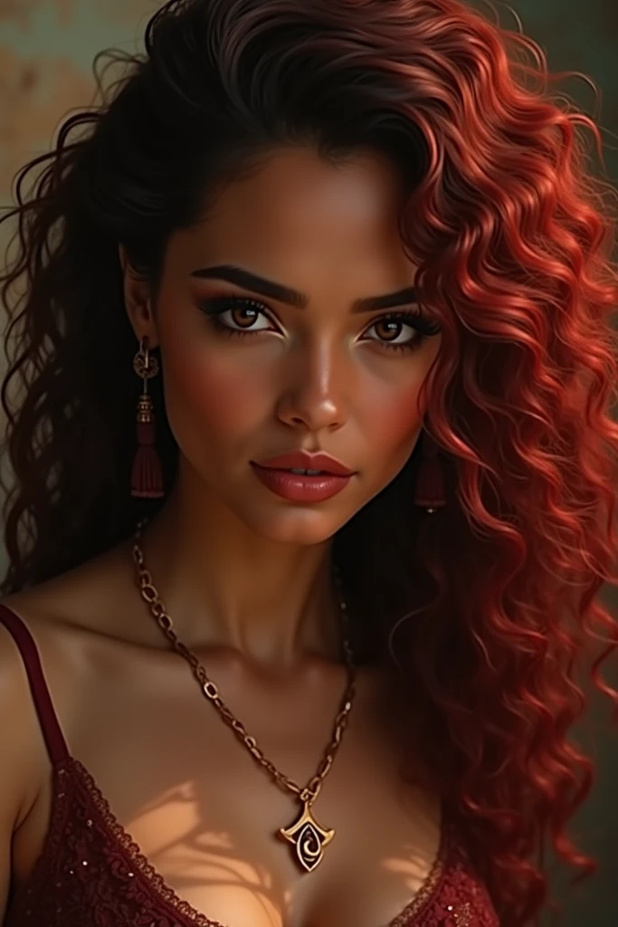 a beautiful mixed girl, beautiful curvy body, perfect hands and feet, red long wavy hair, hair ornament, backlighting, intricate detailed face, striking eyes, delicate nose, lush lips, cinematic lighting, dramatic shadows, vibrant colors, hyper realistic, 8k, photorealistic, masterpiece, oil painting
