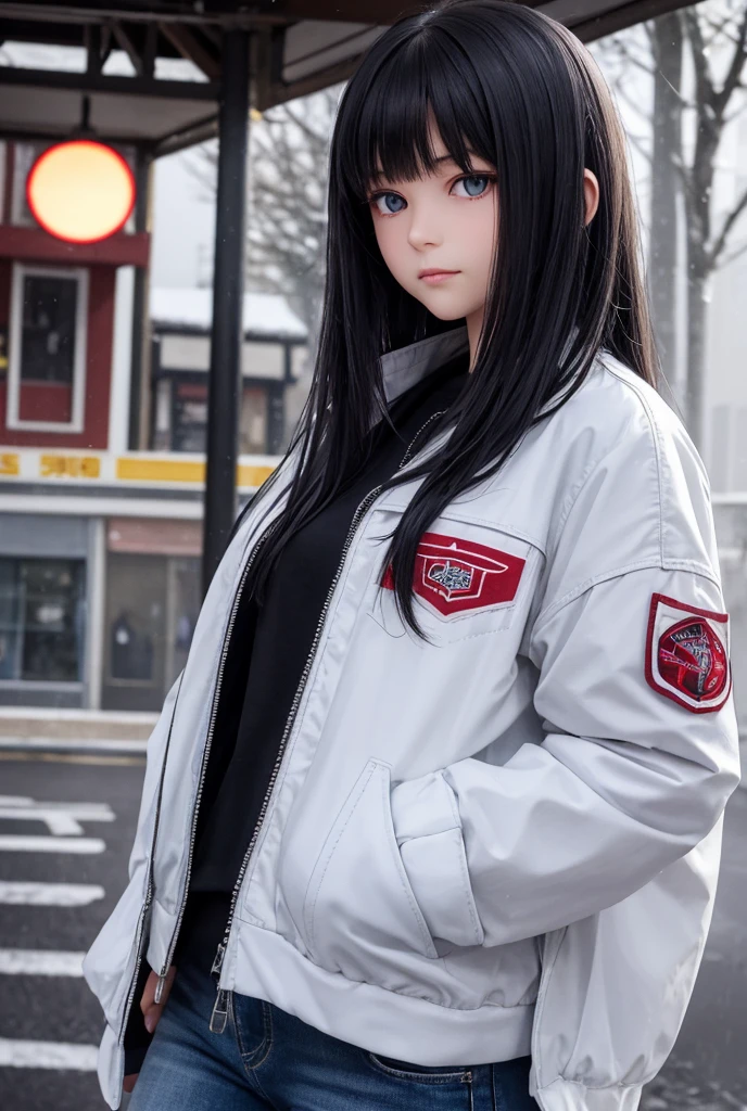  Photorealistic drawing of slender , sweetheart,  of an elegant Japanese model girl with long ,  flowing black hair without a ebb and gray-blue eyes .   Her face expresses a complex mixture of sadness and curiosity ,  accentuated by soft features and expressive eyes .  She is wearing a white cropped sports jacket with black linen with lots of pockets,  tight blue jeans ,  white winter sneakers and has the dark cherry manicure .  With one hand she straightens her hair ,  The other one in the side pocket of the jacket .  She looks straight at the camera .  She is standing at an old public transport stop in a small town . It recently rained , the sun is shining now .   high resolution ,  detailing the texture of the snow and clothes .