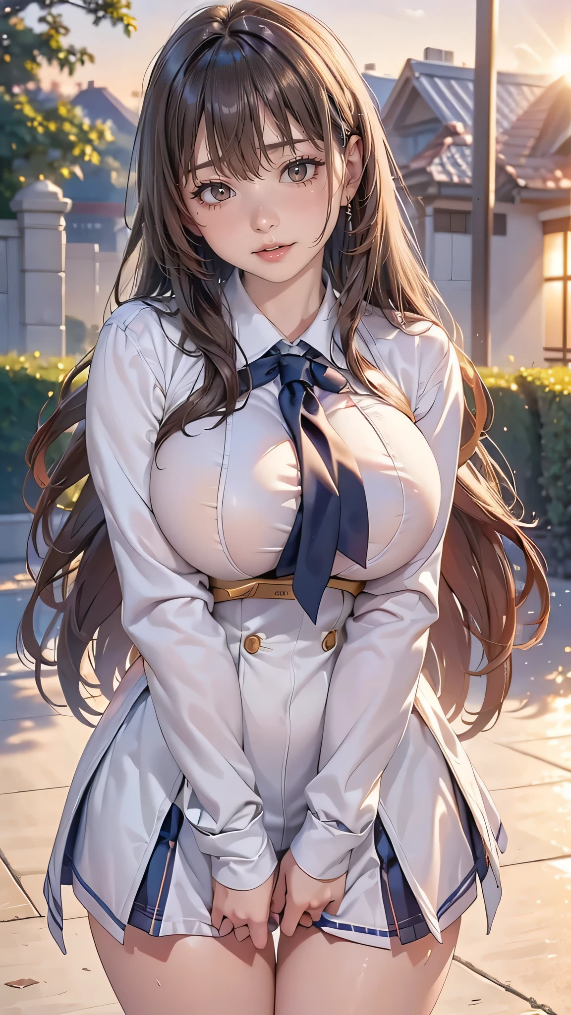 (High quality, High resolution, Fine details, Realistic), campus, evening, setting sun shines, solo, School uniform, women, tilt head, sparkling eyes, Detailed eyes, smile, blush, Large breasts, Sweat, Oily skin, Shallow depth of field