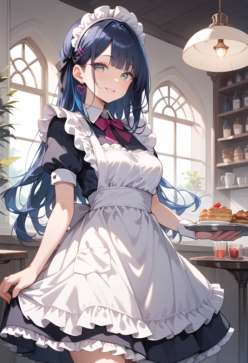 ((masterpiece, best quality, ultra detailed, high resolution, detailed facial description)), (1 girl), (maid, maid headdress, maid apron, mini skirt:1.3), (black long hair), (light makeup), (put one's breasts on the tray), (light smile, light blush), (inside a maid cafe)