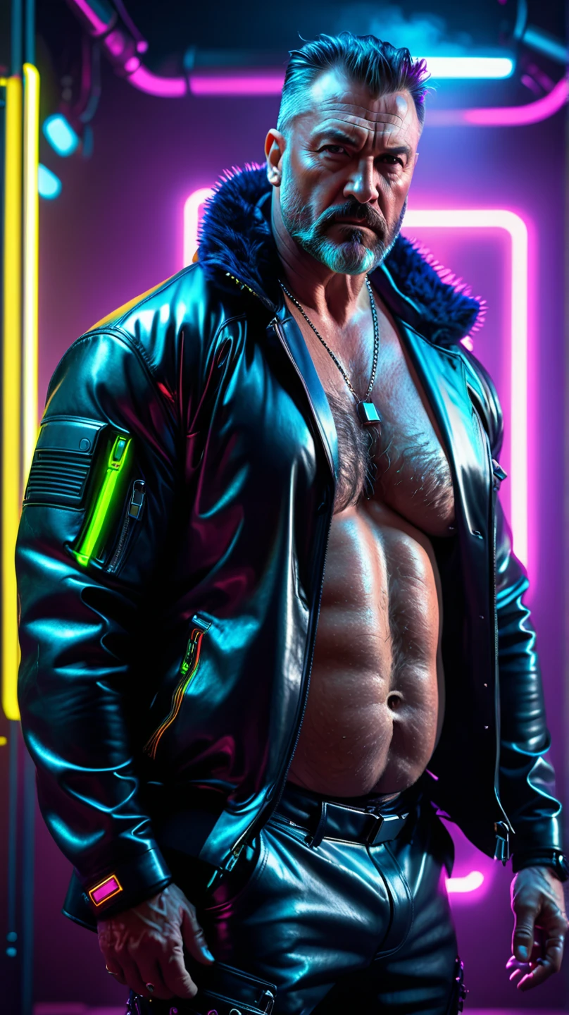 masterpiece, best quality, highres, male focus, solo focus, handsome male, wearing black latex street clothes, body tattoos, smug expression, (hairy chest), scruffy, colorful explosions, neon patterns, top of artstation, intricate composition, HDR, full body composition, professional output, hugely detailed, 8K