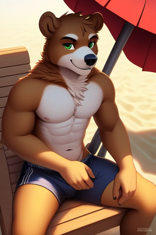 POV,top angle,sleep on stomach,lats,trapezius,butt lift,kemono, anthro (brown dog), male, (brown dog), muscular, back, red body, white belly ,sweat, ((correct anatomy)), stand near  lifeguard chair,  lifeguard chair, beach, perfect beach background, 1 boy, solo, wearing jockstrap, pain expression, canine tooth, hd, dark shadows, wide dynamic range, hdr, low light:1.2, front view, full body, canid, canine, canis, domesticbrown dog mammal, nordic sled brown dog, fullbody, full res, smile, lifeguard, wearing Tank top, full body, camera under view, full view, whistle