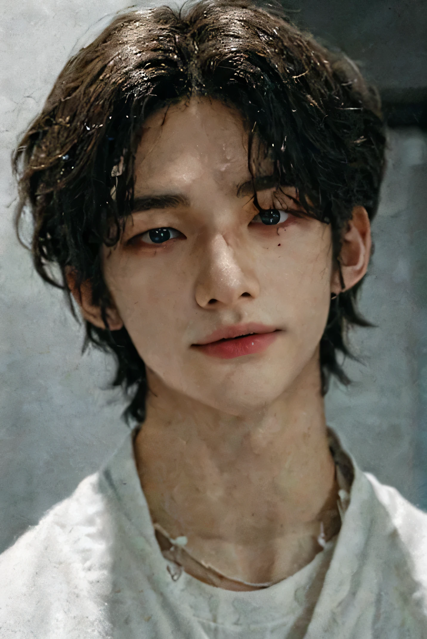 1 man:young, pale skin image of Hwang Hyunjin, short hair, wolf haircut, Low screen contrast, high brightness, dark brown eyes, 25 years old, cunning, perfect face, perfect lines, photoshoot style standing in the kitchen, smiling with his lips, wearing a white open shirt, illustration, portrait, 18+, naked torso, male chest, skinny, detailed normal male neck, detailed eyes and lips, beautiful detailed face, realistic posing, professional, full length, wet hair, (masterpiece, Best quality, Award-winning, High resolution), skinny, sophisticated and beautiful design, windy, dynamic lighting, cinematic lighting, hyper-realistic, (masterpiece:1.4), (incredibly detailed eyes), (8K, Photorealistic, RAW photos, Best quality: 1.4), (UHD), (ultra-high realism), (ultra-high resolution), (Ultra-high detail), (realistic face), beautiful hairstyle, beautiful details, (realistic skin), pale, smooth and radiant skin with iridescent sheen and no defects, ultra-high resolution, ultra realistic, very detailed man.