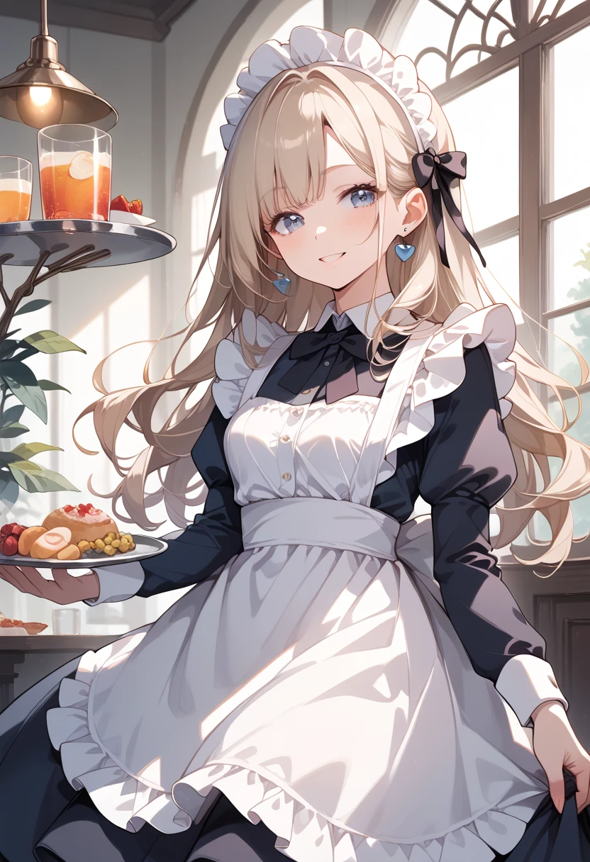 ((masterpiece, best quality, ultra detailed, high resolution, detailed facial description)), (1 girl), (maid, maid headdress, maid apron, mini skirt), (black long hair), (light makeup), (Holding a tray with plate of food and drinks in both hands), (light smile, light blush), (inside a maid cafe)