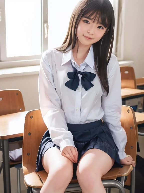 ((classroom)), ((Sit with your legs closed)), (nsfw), ((masterpiece)), ((Best Quality)), (Super detailed), cute, (device), ((Very detailed)), 4K, (8k), Best Quality, (beautiful), Genuineistic, Genuine, Angry face,Tears, bangs,Small breasts,School Costume,Sweater shirt, White Bra, ((Open your shirt and expose your chest)), sleeve,skirt,,(Full Body Focus)