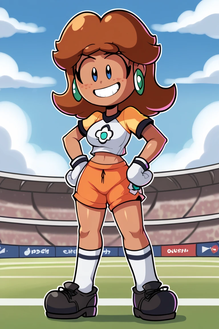  zPDXL, score_9, score_8_up, score_7_up, source_anime, 1girl, solo,
 pringus, Princess Daisy, brown hair, medium hair, freckles, tan-skinned female, grin, happy, tomboy, medium breasts, thick thighs, soccer uniform, short sleeves, white gloves, orange teel shorts,midriff, standing, aqua lines, soccer field, outdoors, (insanely detailed, masterpiece, best quality), 1girl, solo, sky, cloud, blue sky,, flat color, no sclera, black eyes prngs, princess daisy, brown hair, blue eyes,  blond skin, smug, standing, stand up, from front, complete body view, full body view, front view, grin, hands on hips