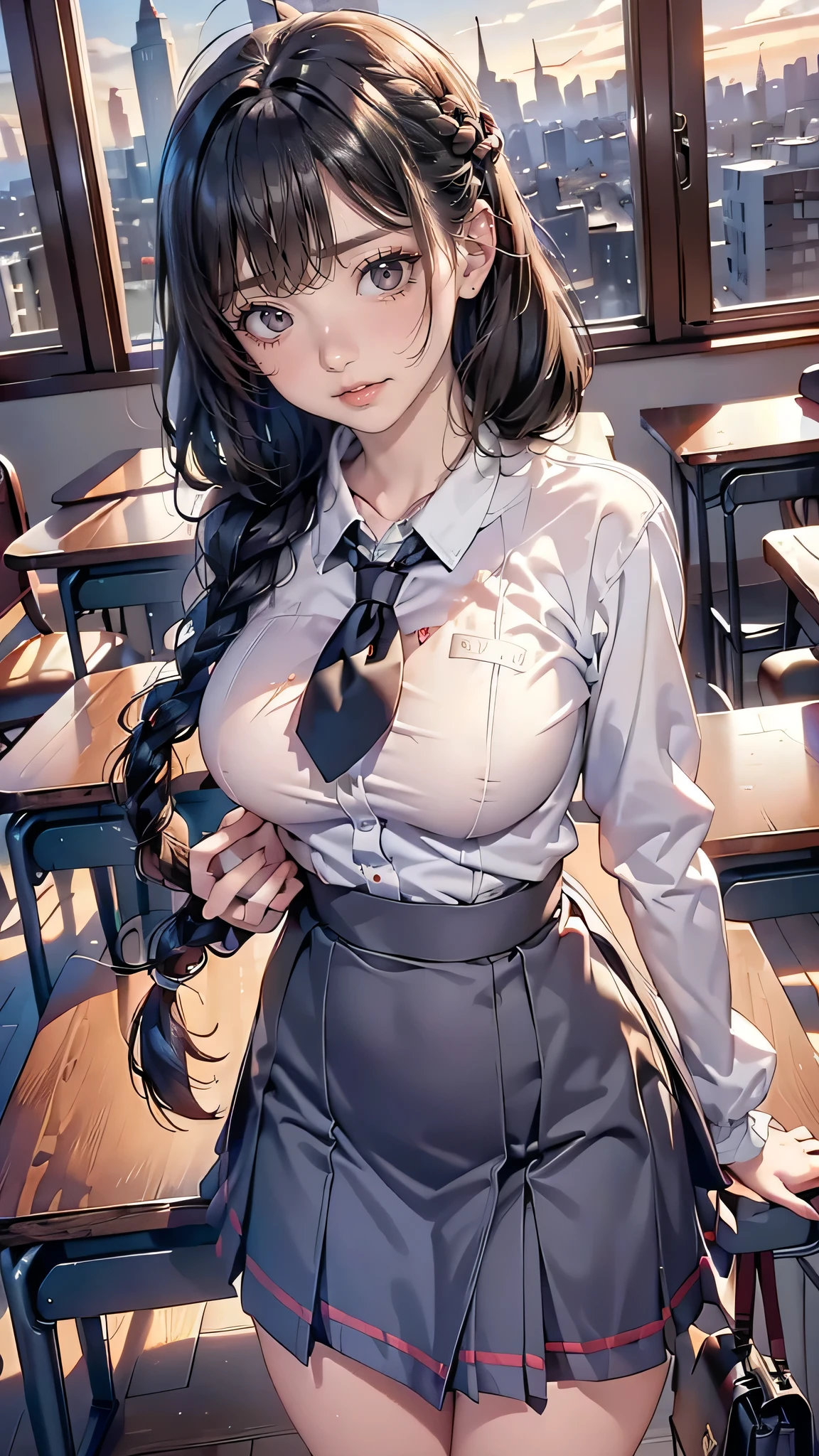 1girl, ahoge, messy single braid, crossed bangs, round eyebrows, black hair, coke-bottle glasses, bags under eyes, jitome, blue eyes, freckles, parted lips, mole under mouth, nervous smile, (petite:1.3), humpbacked, school uniform, long sleeves, huge breasts, nail polish, long skirt, hand on own elbow, standing, foreshortening, indoors, classroom, curtains, window, cityscape, twilight, masterpiece, best quality, very aesthetic, absurdres, detailed background, safe, newest, 