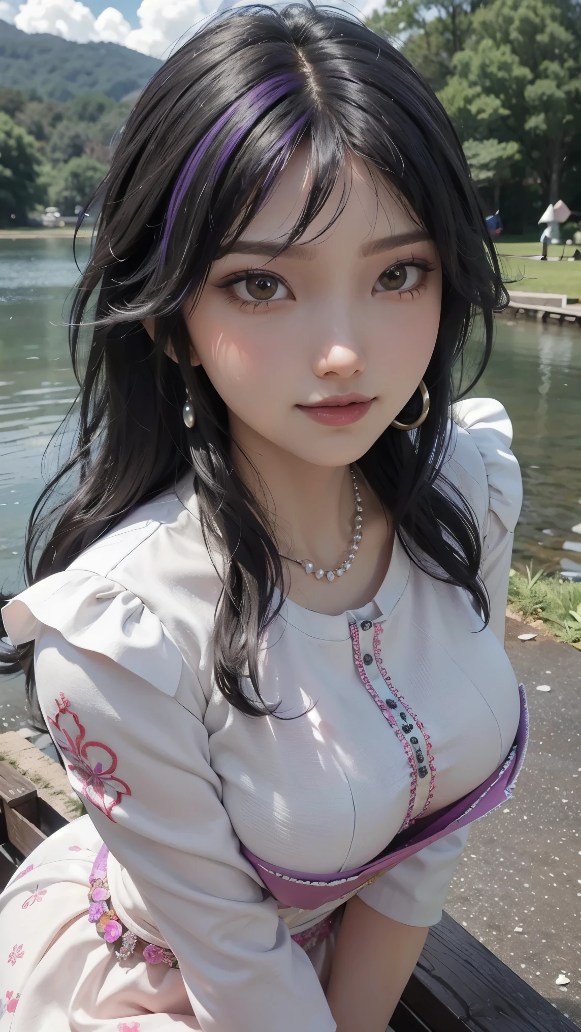 Gogo tomago,(best qualityer,4K,8k,high resolution,work of art:1.2)(weather: cloudy), Japanese castle background, japanese wedding venue, long pink bridal kimono dress, elbow long bride gloves, bridal kimono belt, high tabi socks, bridal geta shoes, crystal embroidery, pearl necklace, blossom hair jewelry, silver earrings, cheek mole, long wavy hair, black hair with purple highlight, ultra detailed, realistic, portrait,beautiful detailed brown eyes, glowing eyes,blush,beautiful detailed lips,extremely detailed eye and face, long eyelashes,sexy,average, medium breasts,beaming smile, flirty smile, powerful girl, joyful pose, stunning curves, bright coloured, dramatic lighting, petals flying, hair flying,