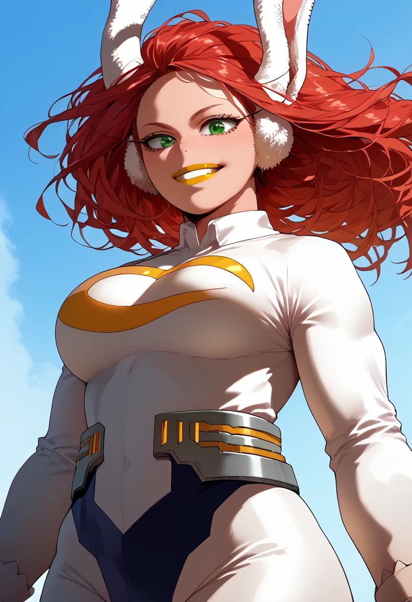 woman, big breasts, anime style, yellow lipstick, red hair, long hair, green eyes, white skin, rabbit ears, wide hips, white superhero outfit