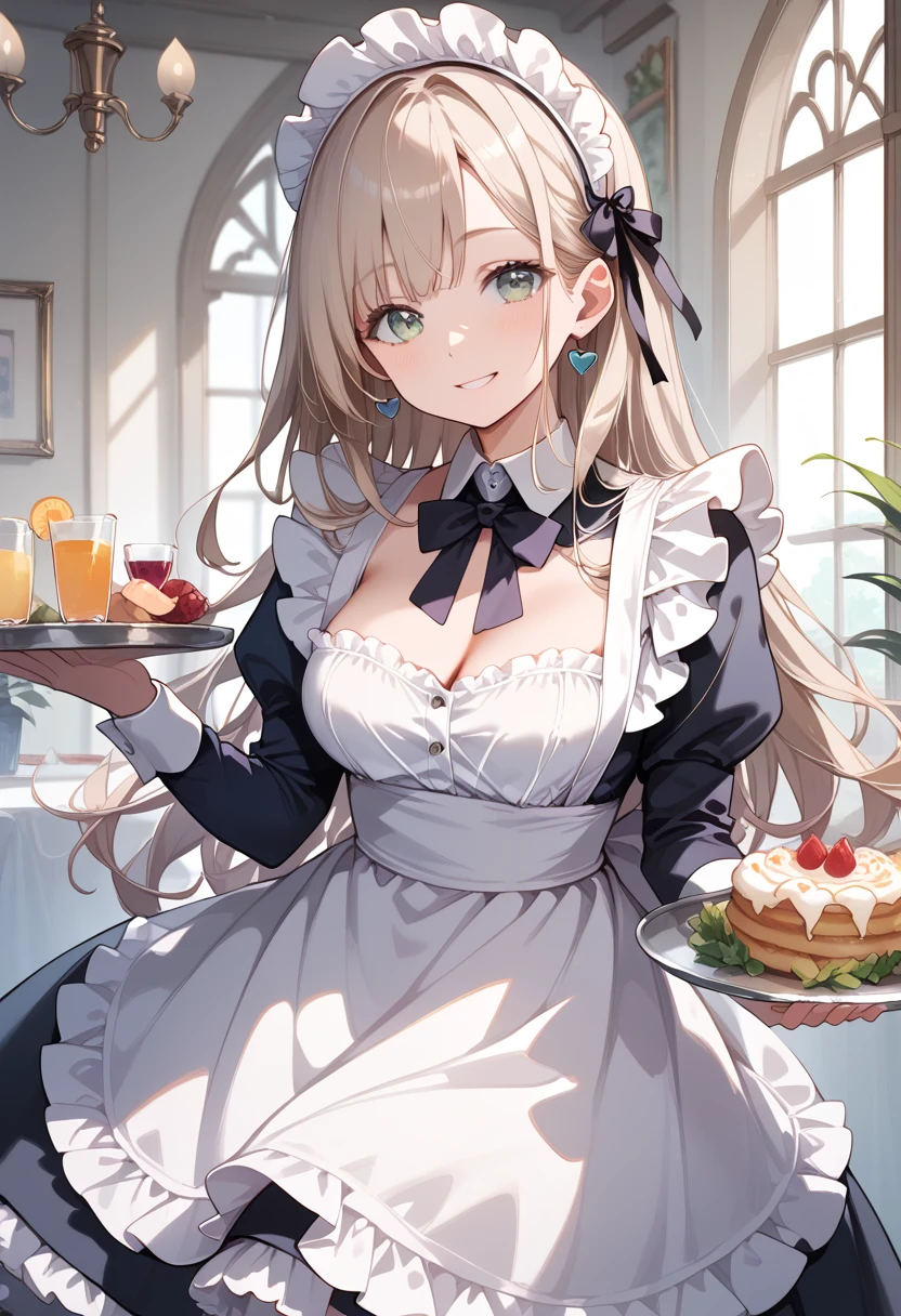 ((masterpiece, best quality, ultra detailed, high resolution, detailed facial description)), (1 girl), (maid, maid headdress, maid apron, mini skirt:1.3), (black long hair), (light makeup), (breasts on the tray, breast rest, breasts out), (light smile, light blush), (inside a maid cafe)