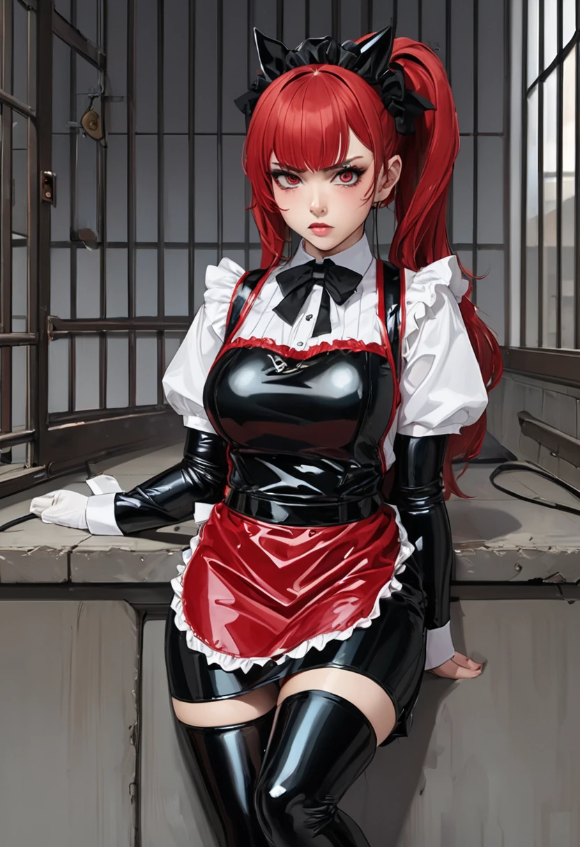  highest image quality, masterpiece fails,  Portrait painting , Japanese,25+,  model-looking whip in his hands, girl of incredible beauty, very angry,(( full height)), (( hairstyle two ponytails ,  red hair)), straight brow bangs ,((( red lace latex Apron))) ,(latex maid outfit ),covers the whole body,fits snugly , long-sleeved latex shirt , latex long skirt ,latex garter socks , long high-heeled boots fit my legs tightly,(Gothic makeup ),dungeon,((Whip))