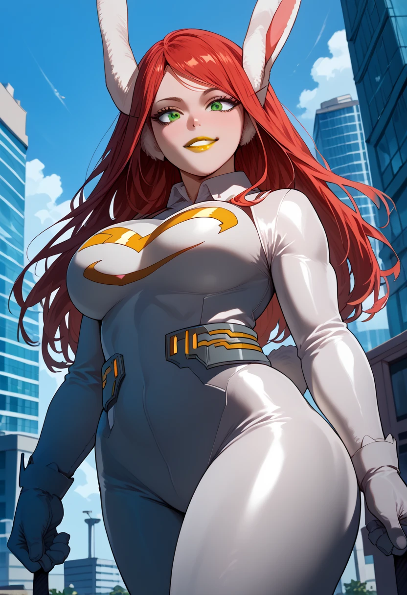 woman, big breasts, anime style, yellow lipstick, red hair, long hair, green eyes, white skin, rabbit ears, wide hips, white superhero outfit, buildings in the background