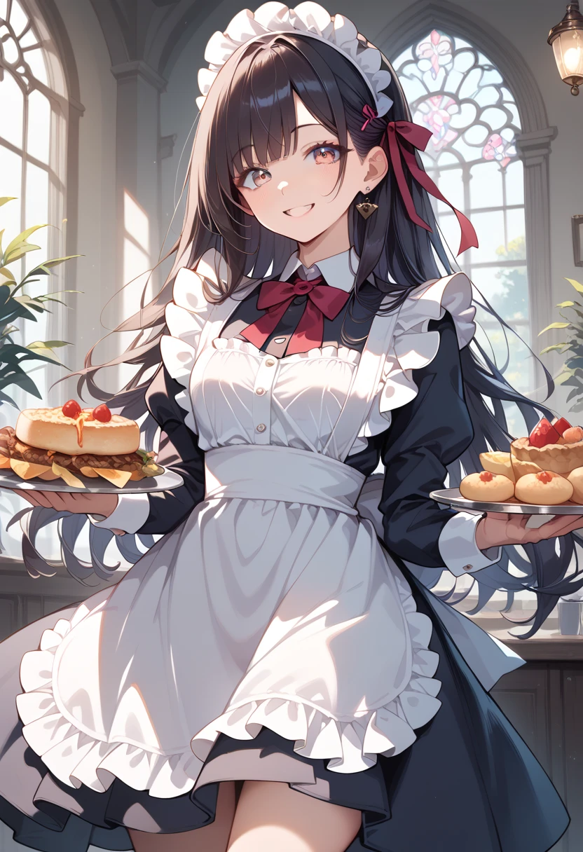 ((masterpiece, best quality, ultra detailed, high resolution, detailed facial description)), (1 girl), (maid, maid headdress, maid apron, microskirt, red ribbon), (black long hair:1.2), (light makeup), (Holding a tray with plate of food and drinks in both hands), (light smile, light blush), (inside a maid cafe)