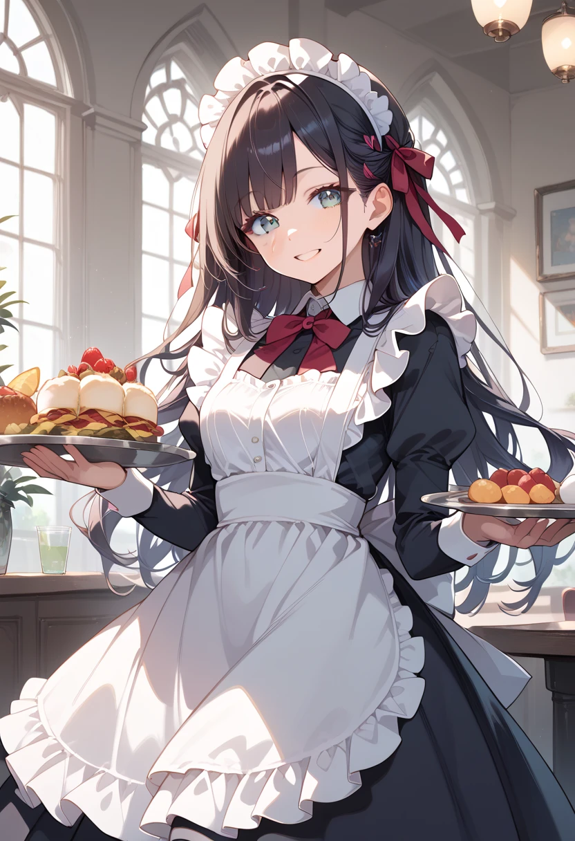 ((masterpiece, best quality, ultra detailed, high resolution, detailed facial description)), (1 girl), (maid, maid headdress, maid apron, microskirt, red ribbon), (black long hair:1.2), (light makeup), (Holding a tray with plate of food and drinks in both hands), (light smile, light blush), (inside a maid cafe)