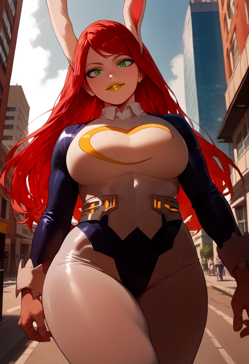 woman, big breasts, anime style, yellow lipstick, red hair, long hair, green eyes, white skin, rabbit ears, wide hips, white superhero outfit, buildings in the background