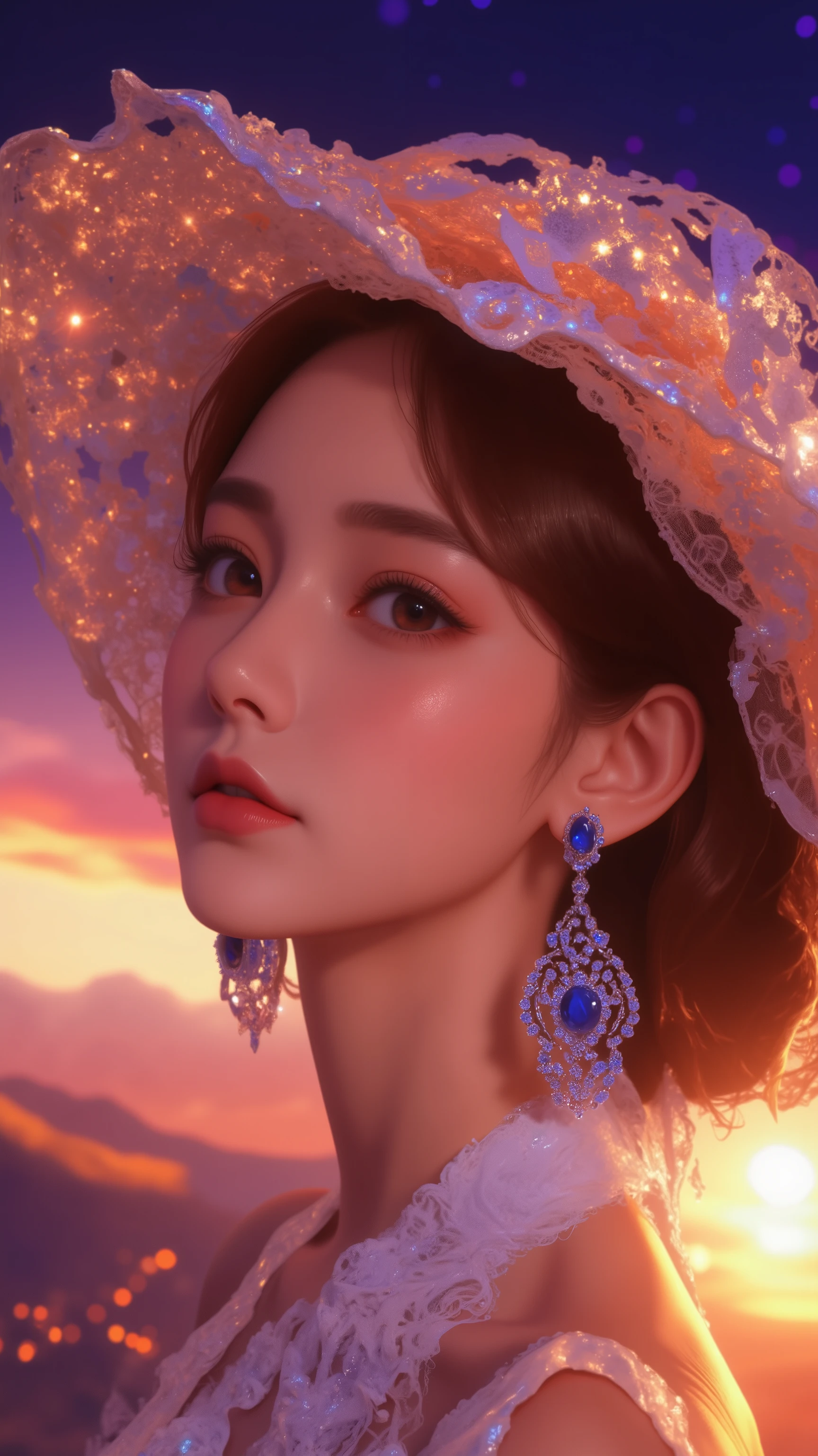 High-resolution animation-inspired style with high-quality, ultra-detailed digital artwork, portrait painting with a sun bonnet and a woman wearing large sapphire earrings, her face surrounded by a bonnet decorated with delicate flower patterns. Her eyes are large and expressive, with a gentle and serene expression. The sapphire earrings are intricate and shiny with deep blue light. The background casts a warm, golden light over her face with vivid, colorful sunset skies of orange, pink, and purple. The overall composition is elegant and still, emphasizing the beauty and tranquility of the scene.