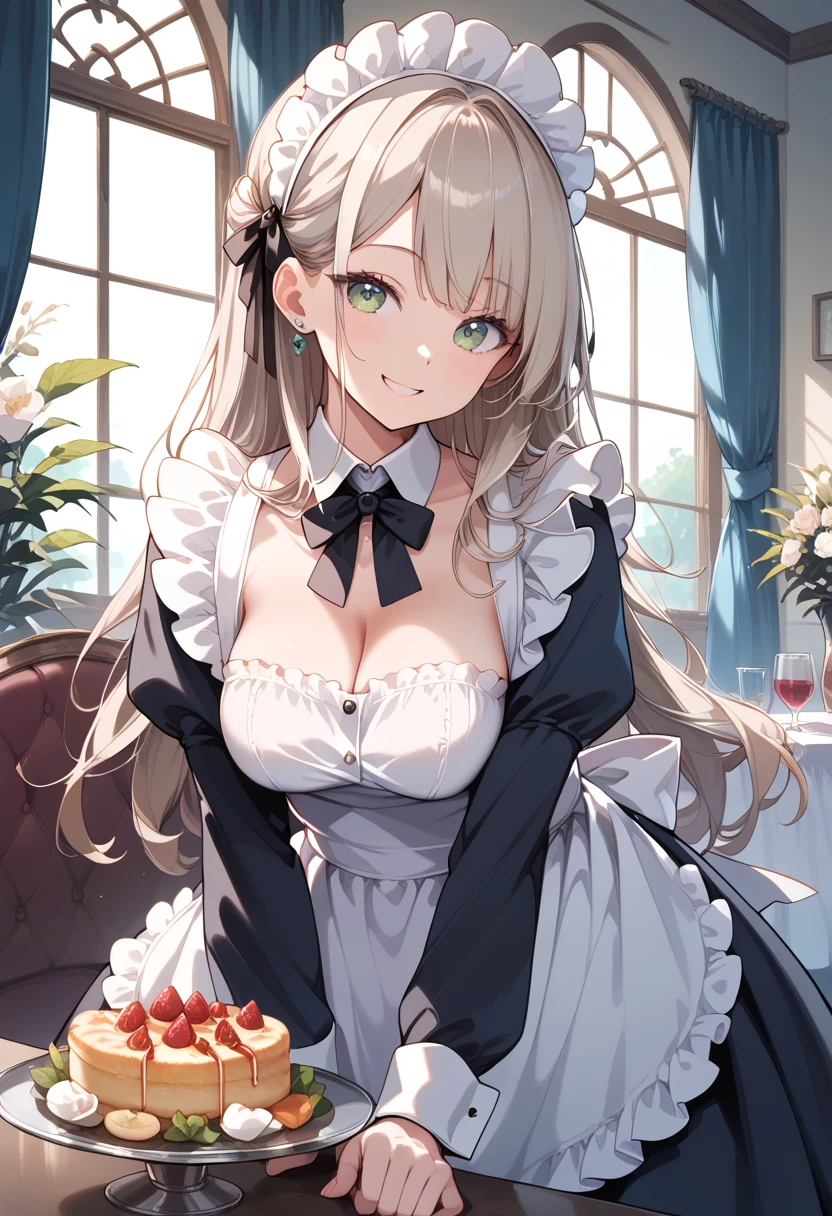 ((masterpiece, best quality, ultra detailed, high resolution, detailed facial description)), (1 girl), (maid, maid headdress, maid apron, mini skirt:1.3), (black long hair), (light makeup), (breasts on the tray:1.3, breast rest, breasts out), (light smile, light blush), (inside a maid cafe)