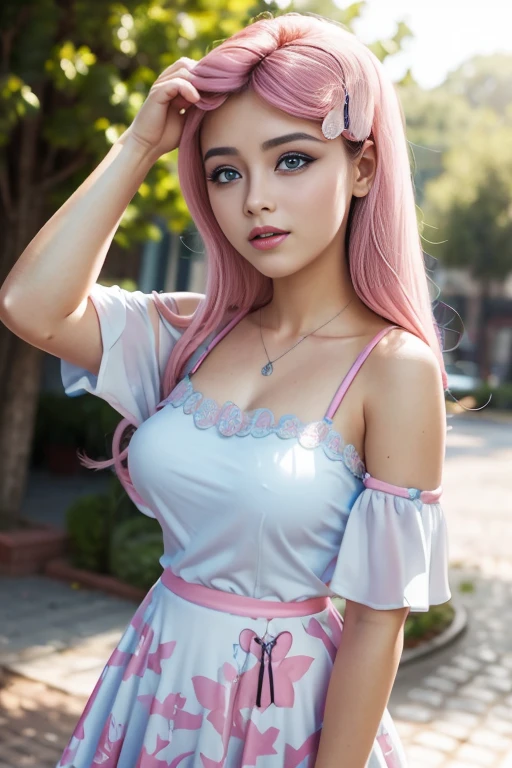 ( The best quality , 4k, 8K,  high resolution ,  masterpiece:1.2), ultra detailed, detailed face, Detailed lips and eyes............, Cute makeup , Attractive appearance, expressive face, realistic,
BREAK   ,Beautiful Caucasian woman with shoulder length messy wavy pink hair, , big blue eyes, light skin, Slim and athletic, hair that covers one eye,
BREAK  (dynamic pose),   big breasts , excited expression,  The soft sunlight illuminates the scene ,  Subtle wind movement in the hair ., happy expression, gloomy atmosphere, friendly,  Natural lighting that highlights your features ...........,  Subtle shadows that add depth and dimension to the image ..........., (maduro)  noisy,  mlp Fluttershy   , Long pink fur , pink hair , neckline  ,  big breasts , forest , butterflies ,  Whole body , happy  ,1 patient  , medium breasts , forest , Sunny day , cute animals, country clothes ,  has a butterfly ornament in your hair  , casual attire , beautiful dress , alegre , limda sonrisa , beautiful , erotic , vestido rojo navideño , mavidad , vestido escotado navideño , hermosa modelo adolescente de 18 años , linda 