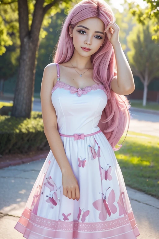 ( The best quality , 4k, 8K,  high resolution ,  masterpiece:1.2), ultra detailed, detailed face, Detailed lips and eyes............, Cute makeup , Attractive appearance, expressive face, realistic,
BREAK   ,Beautiful Caucasian woman with shoulder length messy wavy pink hair, , big blue eyes, light skin, Slim and athletic, hair that covers one eye,
BREAK  (dynamic pose),   big breasts , excited expression,  The soft sunlight illuminates the scene ,  Subtle wind movement in the hair ., happy expression, gloomy atmosphere, friendly,  Natural lighting that highlights your features ...........,  Subtle shadows that add depth and dimension to the image ..........., (maduro)  noisy,  mlp Fluttershy   , Long pink fur , pink hair , neckline  ,  big breasts , forest , butterflies ,  Whole body , happy  ,1 patient  , medium breasts , forest , Sunny day , cute animals, country clothes ,  has a butterfly ornament in your hair  , casual attire , beautiful dress , alegre , limda sonrisa , beautiful , erotic , vestido rojo navideño , mavidad , vestido escotado navideño , hermosa modelo adolescente de 18 años , linda 