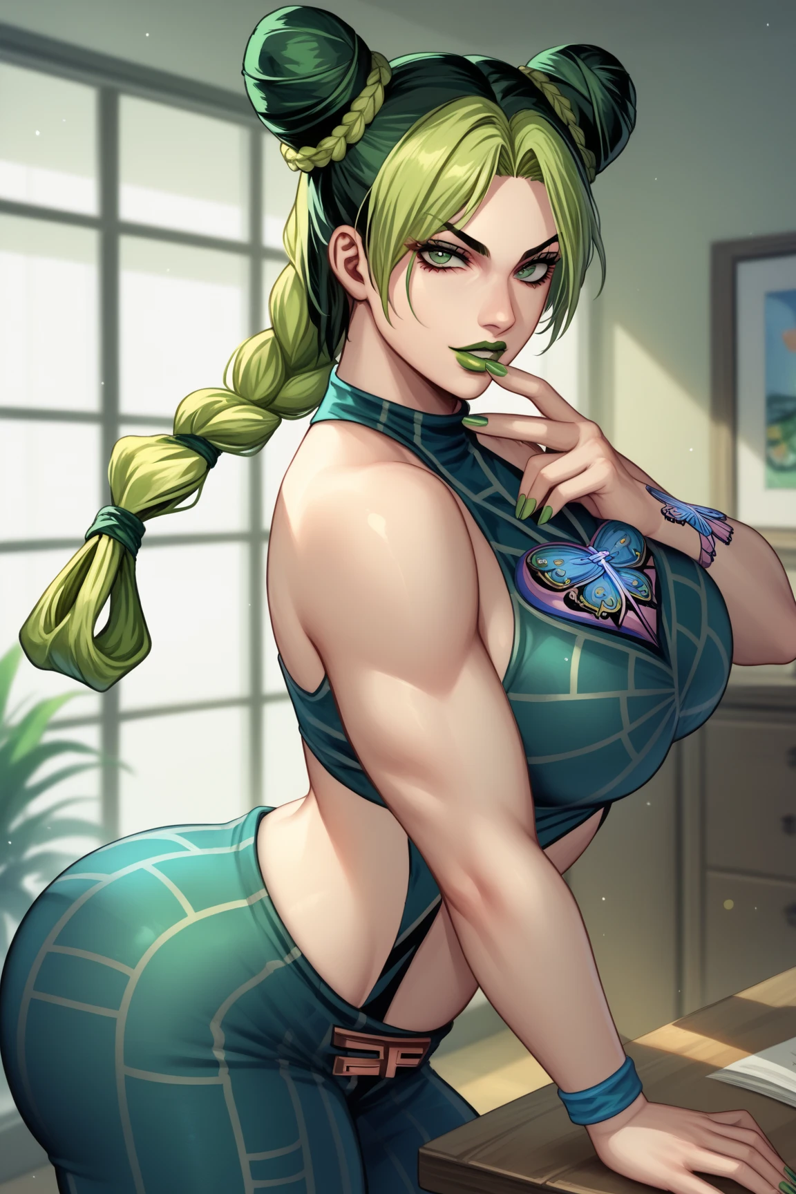 score_9, score_8_up, source_anime  BREAK solo, cowboy shot, looking at viewer,
kjolyne, green eyes, two-tone hair, green hair, black hair, double bun, braided bun, braided ponytail, green lips, lipstick, make up, green nails, nail polish, print, midriff, big breast, wide hips, thick thighs, seductive, big ass, ass,  perfect body, huge ass, inside a room 