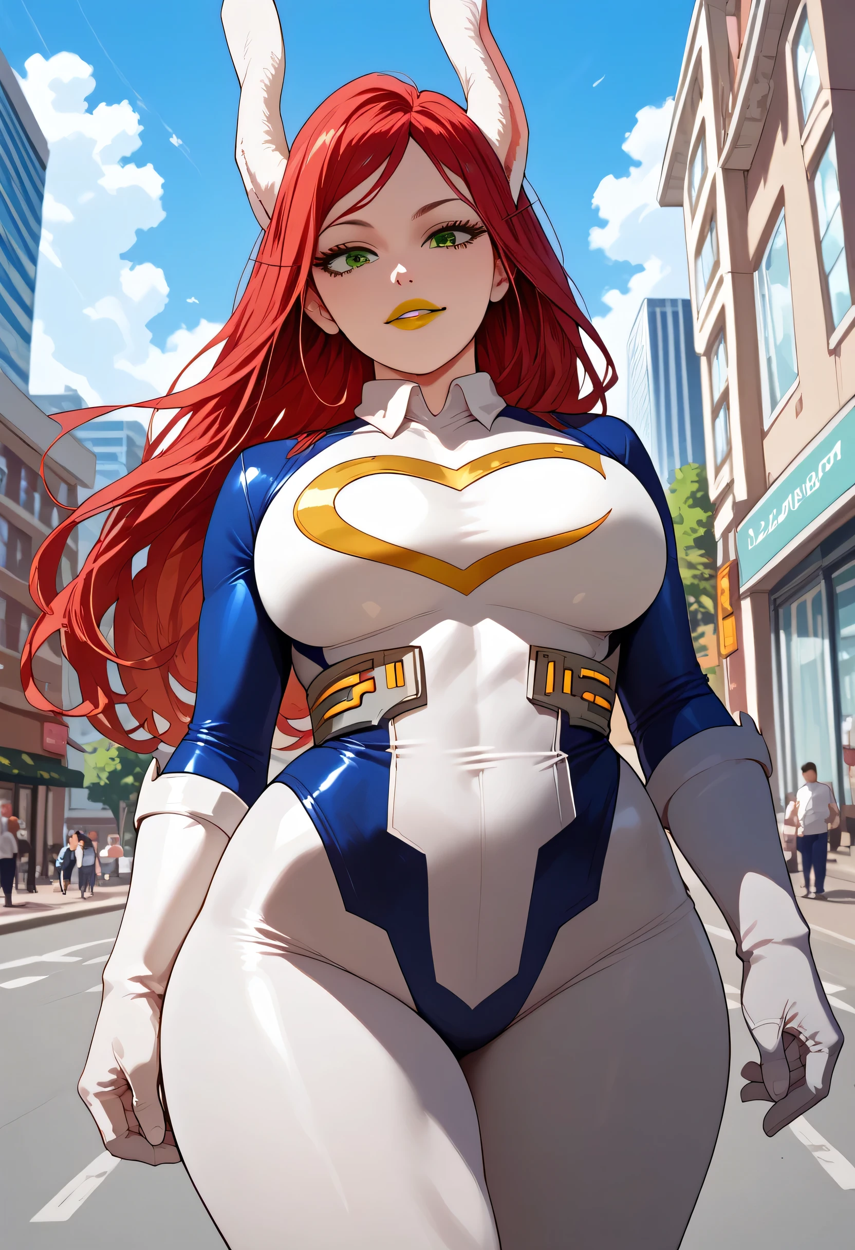 woman, big breasts, anime style, yellow lipstick, red hair, long hair, green eyes, white skin, rabbit ears, wide hips, white superhero outfit, buildings in the background