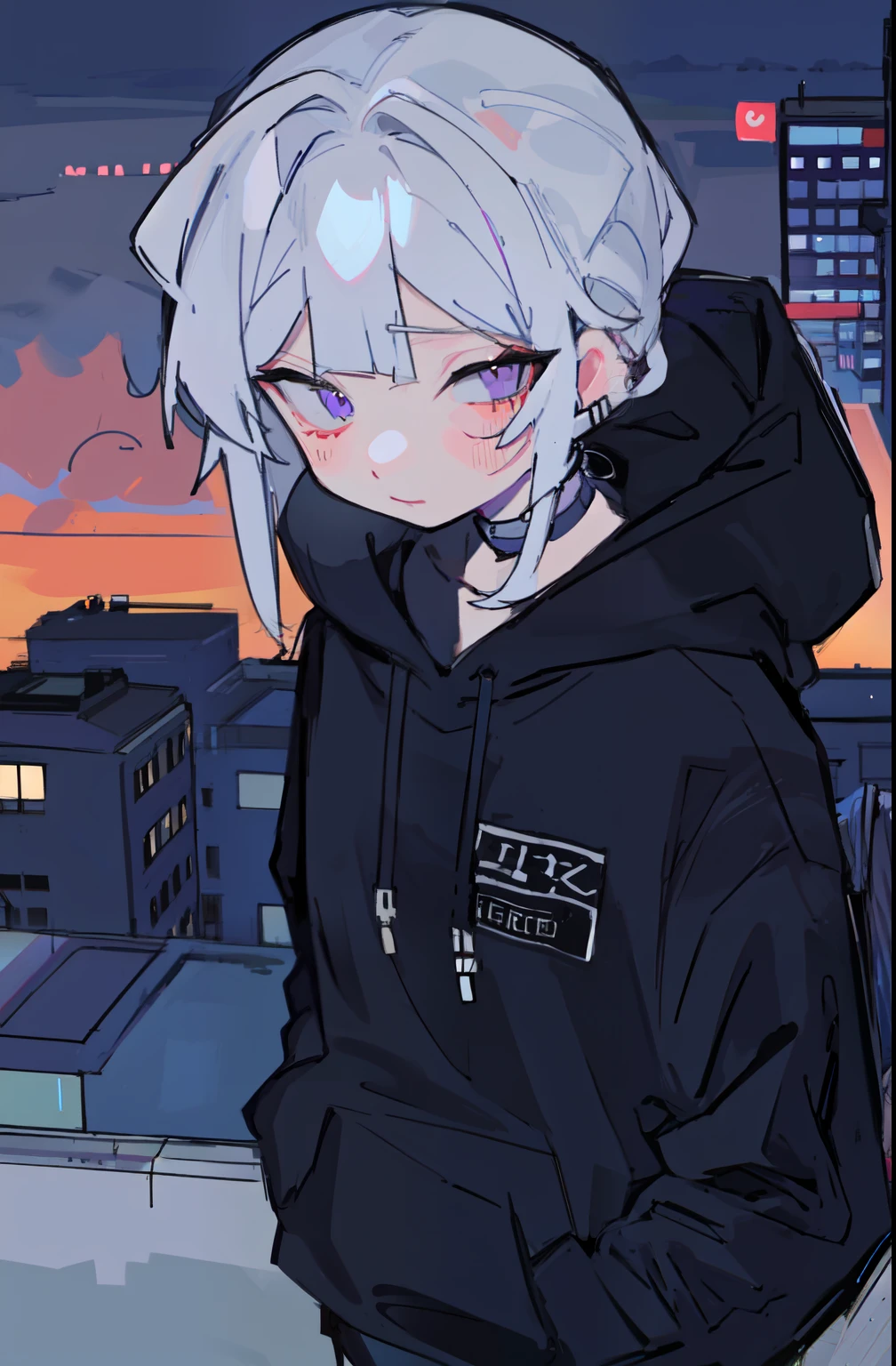 chico, viewed from a high angle wearing a black hoodie and cyberpunk pants,  on top of a building,  white hair ,  purple eyes 