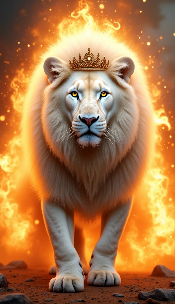  An ultra-realistic panoramic image,  of a white Lion with a crown adorned with gold , a heavenly Lion ,  of intense, powerful and majestic gaze , behind him flames of fire , size 