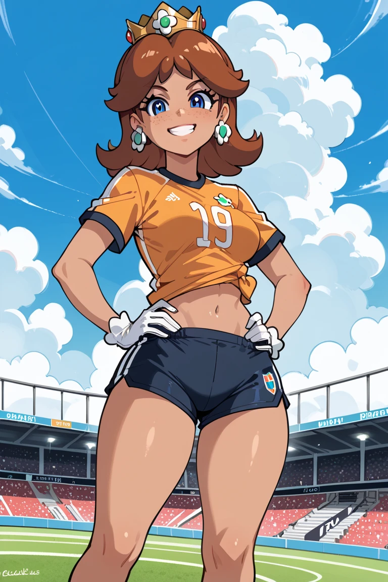  zPDXL, score_9, score_8_up, score_7_up, source_anime, 1girl, solo,
 pringus, Princess Daisy, brown hair, medium hair, freckles, tan-skinned female, grin, happy, tomboy, medium breasts, thick thighs, soccer uniform, short sleeves, white gloves, orange teel shorts,midriff, standing, aqua lines, soccer field, outdoors, (insanely detailed, masterpiece, best quality), 1girl, solo, sky, cloud, blue sky,, flat color, no sclera, black eyes prngs, princess daisy, brown hair, blue eyes,  blond skin, smug, standing, stand up, from front, complete body view, full body view, front view, grin, hands on hips