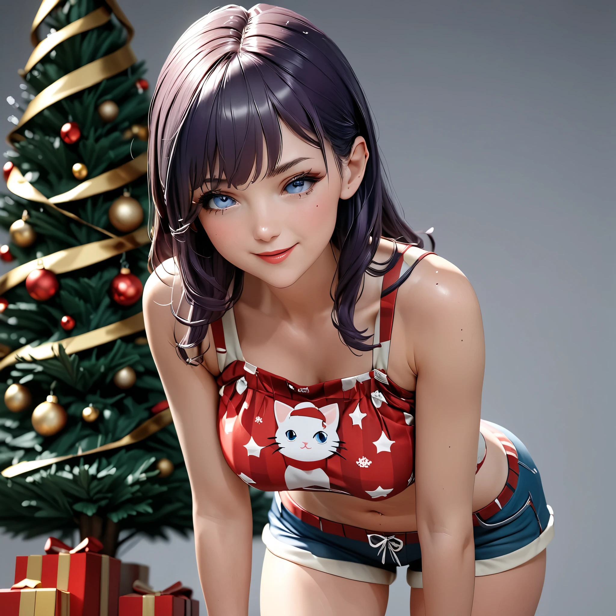 8k,masterpiece, CGSTATION, arte extremadamente detallado de artgerm, photorealistic chica anime render, A 4k anime drawing style, 8k, masterpiece, best quality, 3D rendering, INTRICATE, 8k, 3D TOON, hyper detailed, blue eyes, dark purple hair, hair long, MISATO KATSURAGI, medium bust, shiny skin, 27 years old, a woman, near a Christmas tree, She is wearing pajamas with a kitten design, the pajamas are pink, bare shoulders, navel, mini shorts, smile sensual, red lips, super detailed skin, super beautiful eyes, ran, standing leaning forward, winking one eye,