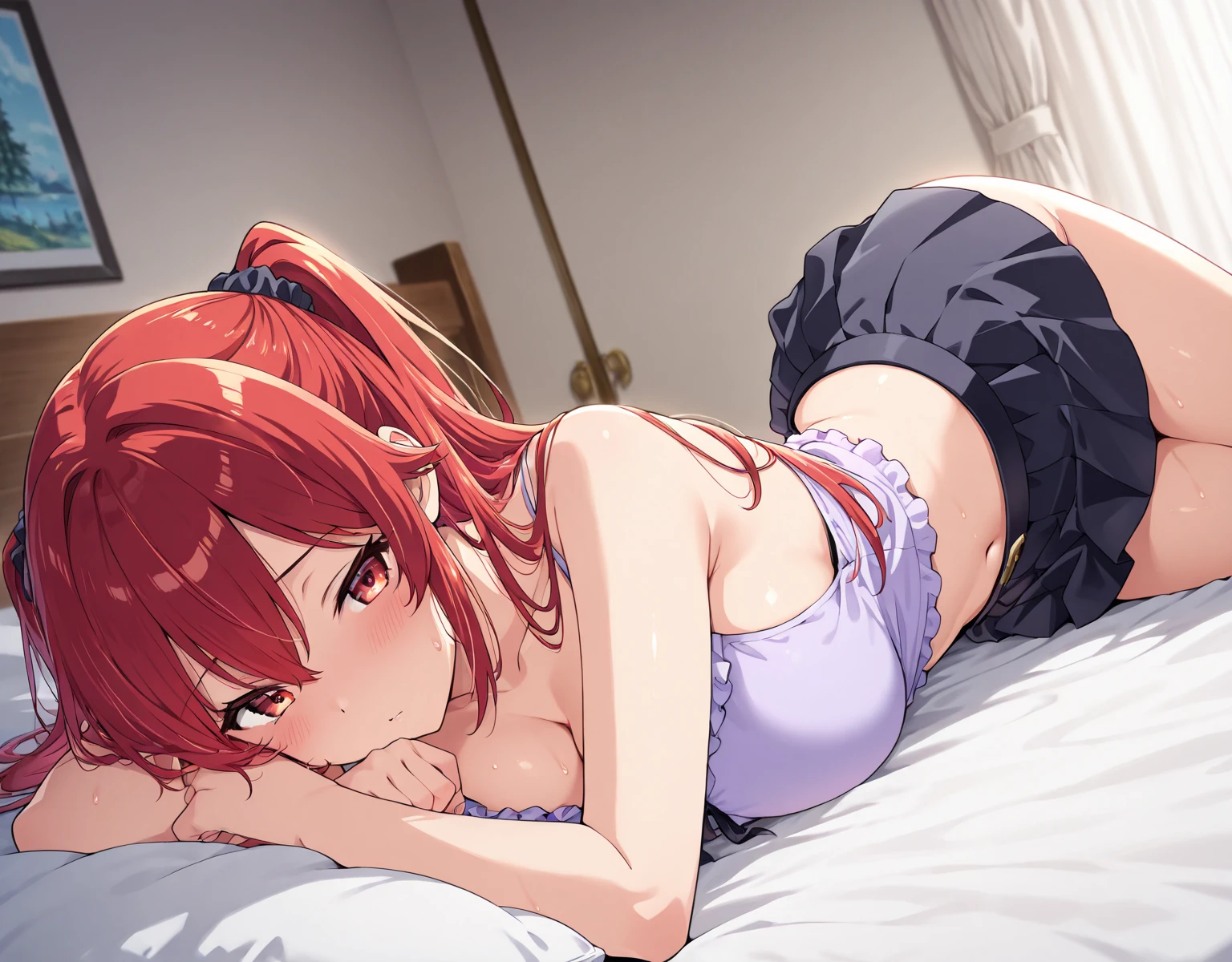 room, 1 Girl, Highest quality, Ultra-high resolution, Long Hair, Redhead, Green Eyes,Western-style room、(((Lie face up on the bed:1.3、Spread your legs wide、Knee Up、Hold your knees with both hands)))、White bra、White panties, Looking at the audience, Small breasts , smile, Open your mouth