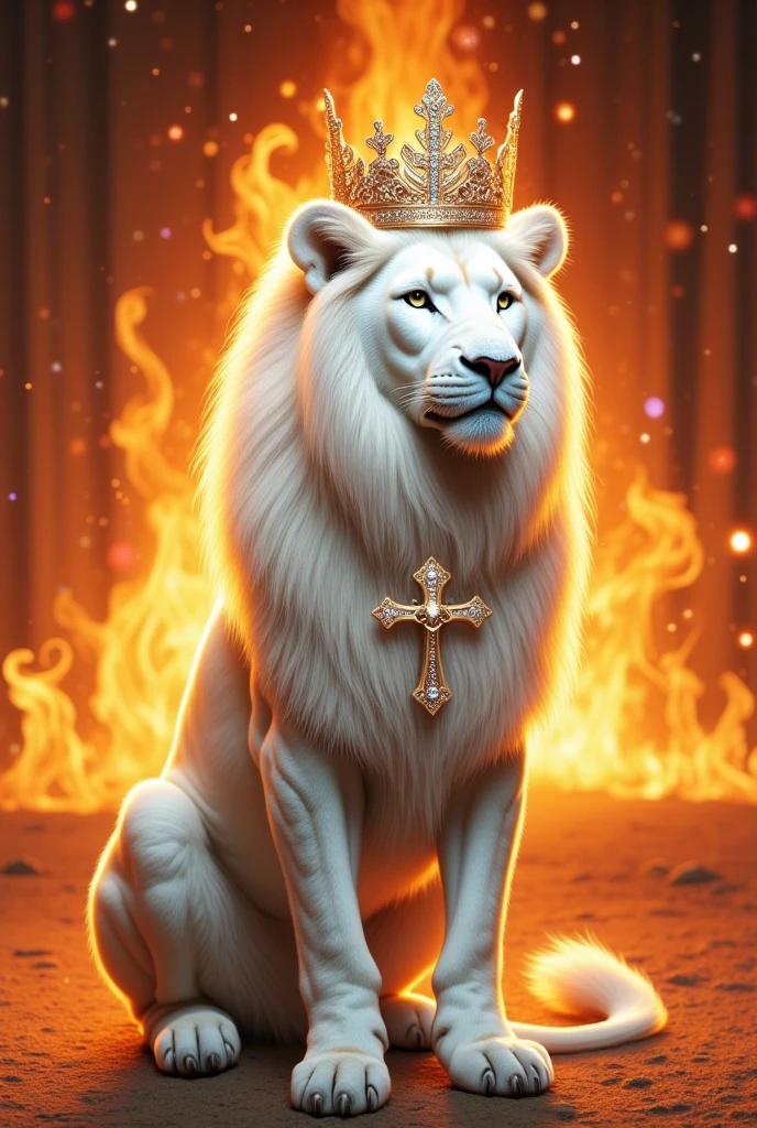  An ultra-realistic panoramic image,  of a white lion with a crown adorned with gold and diamonds, a heavenly Lion ,  of intense, powerful and majestic gaze , behind him flames of fire , size , He is sitting sideways looking forward ,  around the neck a beautiful crucifix of another and diamond  