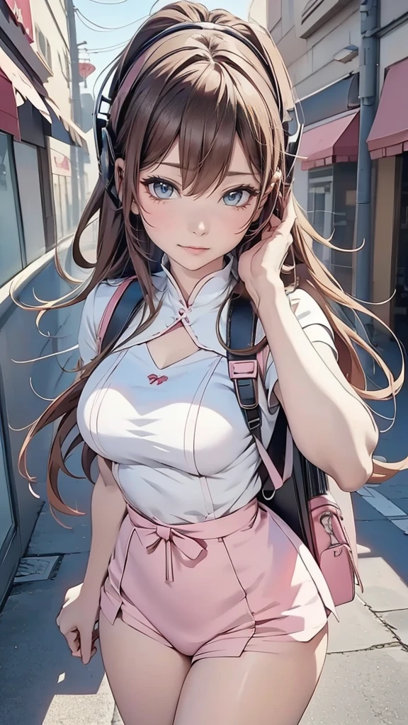 Anime girl with headphones and backpack looking at cell phone, Anime Style 4 k, (Very delicate and beautiful face), (Beautiful eyes in every detail), Digital anime art, Nightcore, Digital anime illustration, Anime Styled digital art, anime art wallpaper 4k, anime art wallpaper 4k, Anime art style, Anime digital art, Anime Style artwork, Anime Style. 8k, detailed Digital anime art