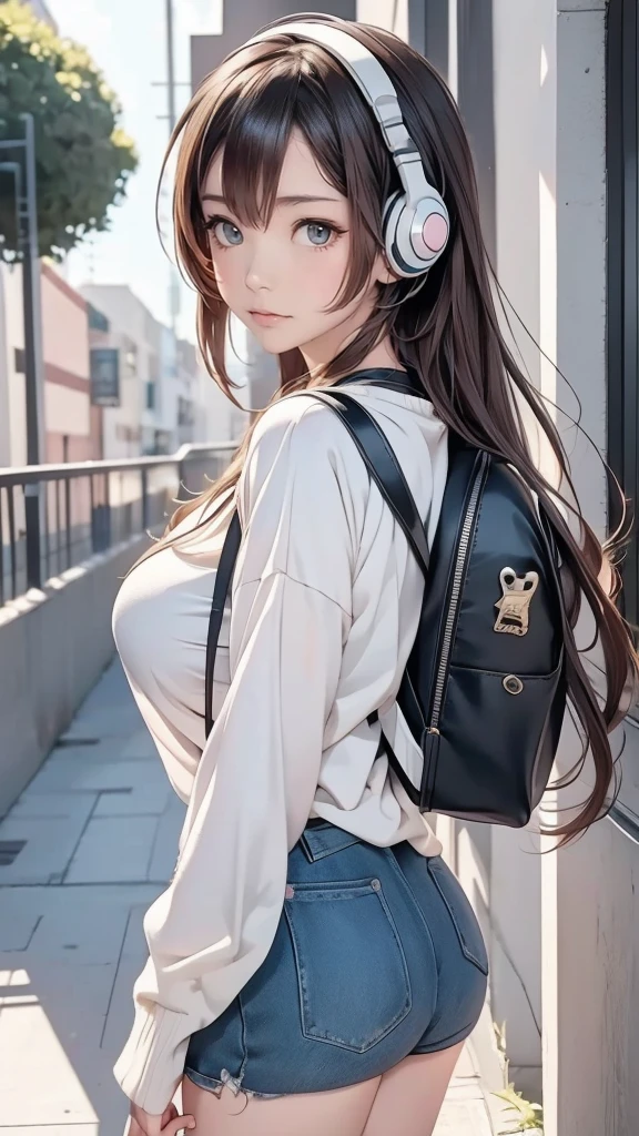 Anime girl with headphones and backpack looking at cell phone, Anime Style 4 k, (Very delicate and beautiful face), (Beautiful eyes in every detail), Digital anime art, Nightcore, Digital anime illustration, Anime Styled digital art, anime art wallpaper 4k, anime art wallpaper 4k, Anime art style, Anime digital art, Anime Style artwork, Anime Style. 8k, detailed Digital anime art